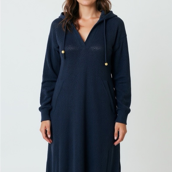 Tahari V Neck Black Open Knit Mesh Hooded Long Swim Cover-Up Large NWT - Picture 2 of 10